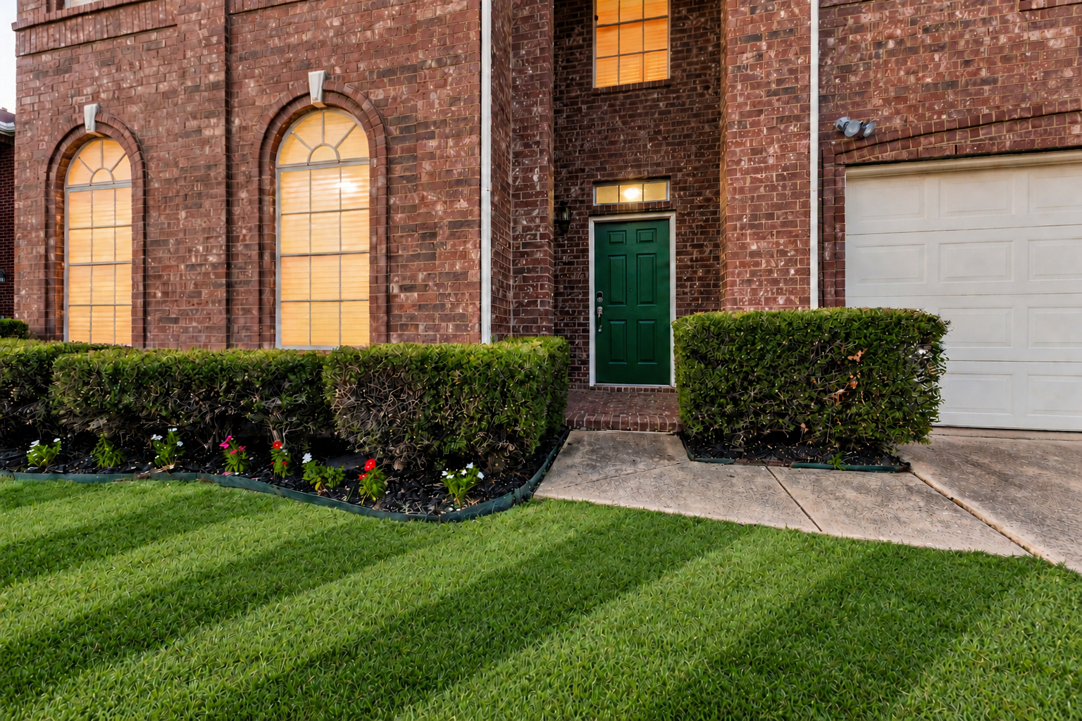 Front entry of 4215 Maidstone Drive at dusk, showing the green front door, 4215 address plaque, manicured hedges and flower bed.