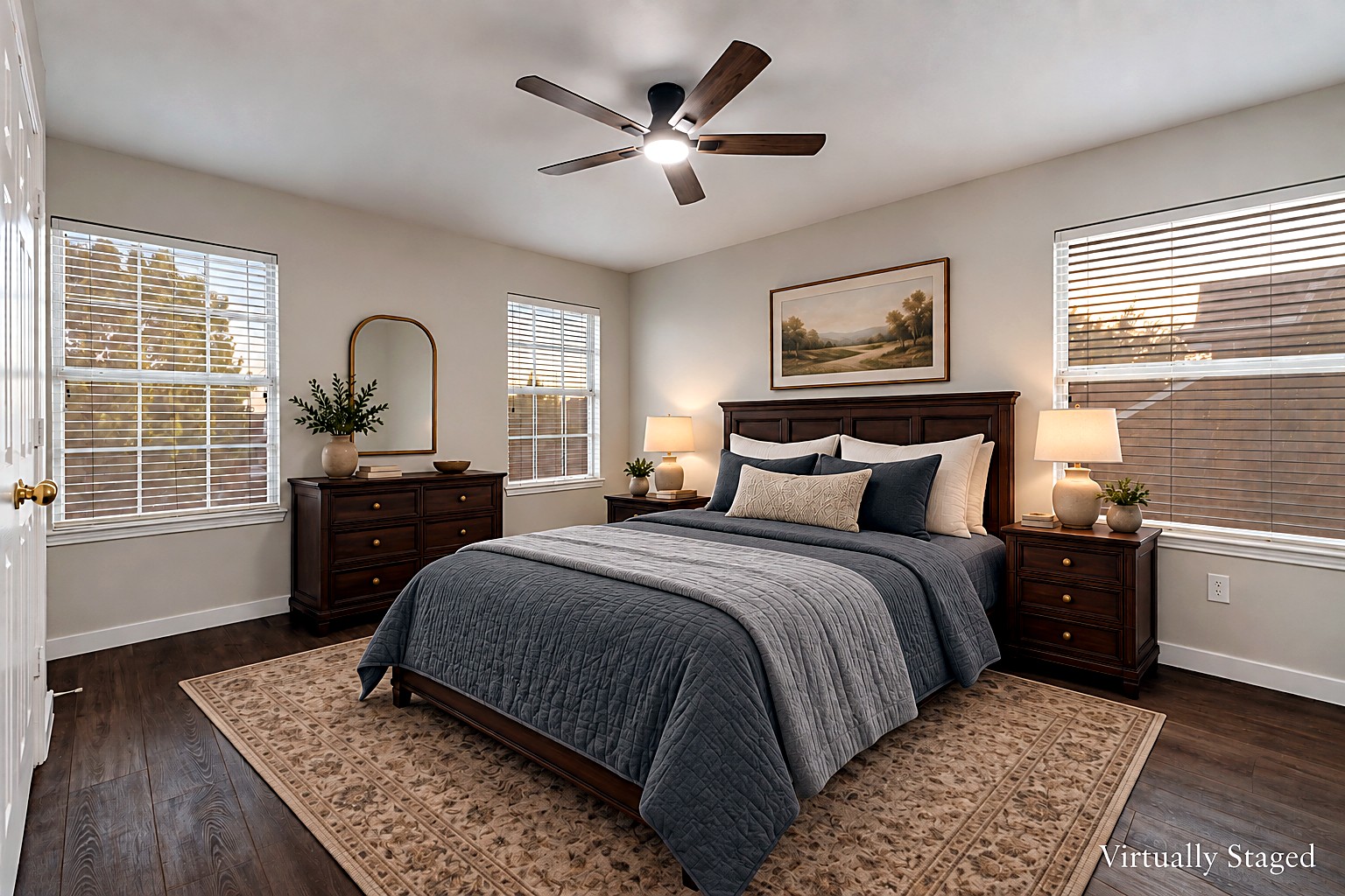 Virtually staged view of a spacious bedroom with charcoal bedding, ceiling fan, and multiple windows at 4215 Maidstone Drive.