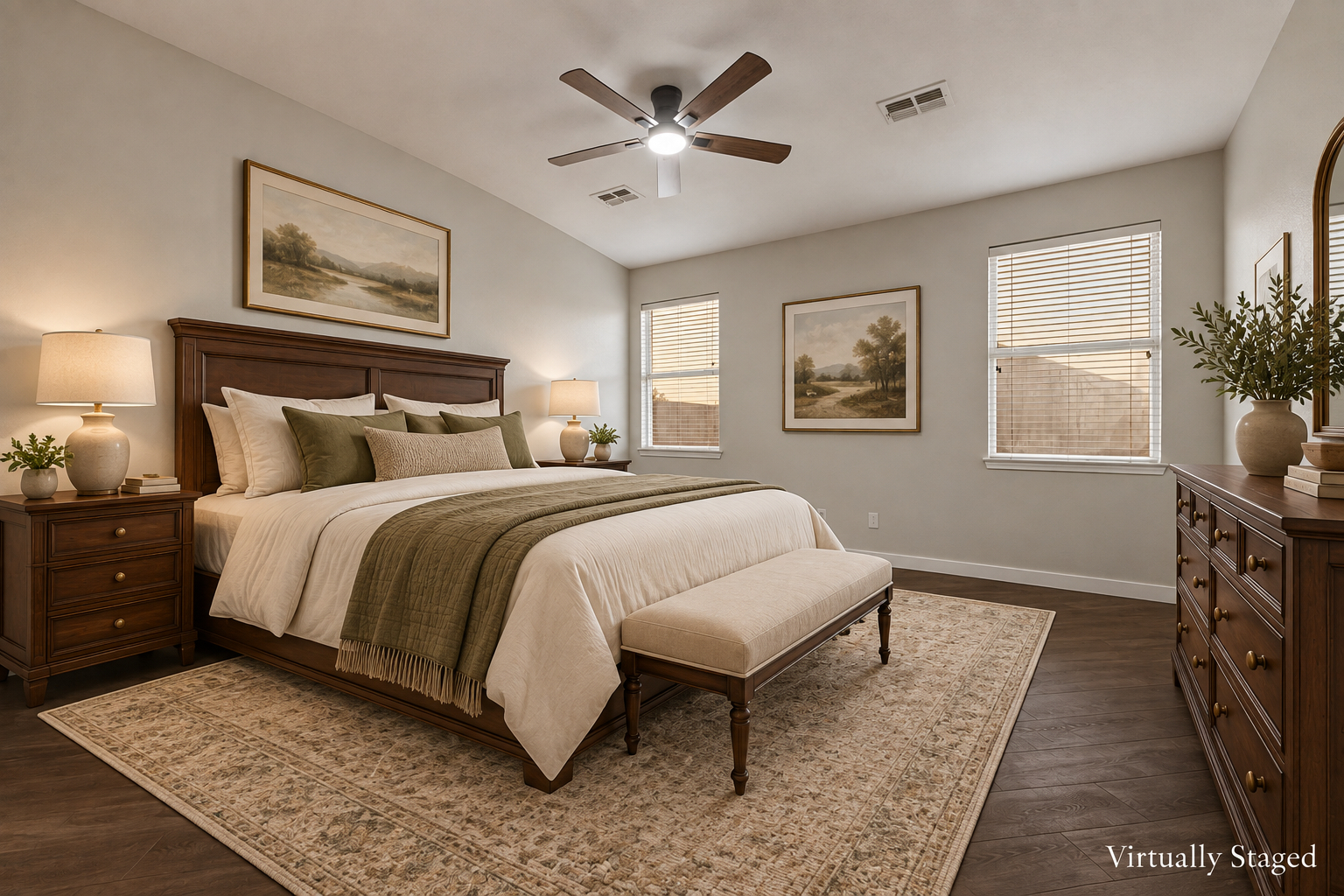 Virtually staged view of the primary suite bedroom at 4215 Maidstone Drive, with king bed, ceiling fan, and dual windows.