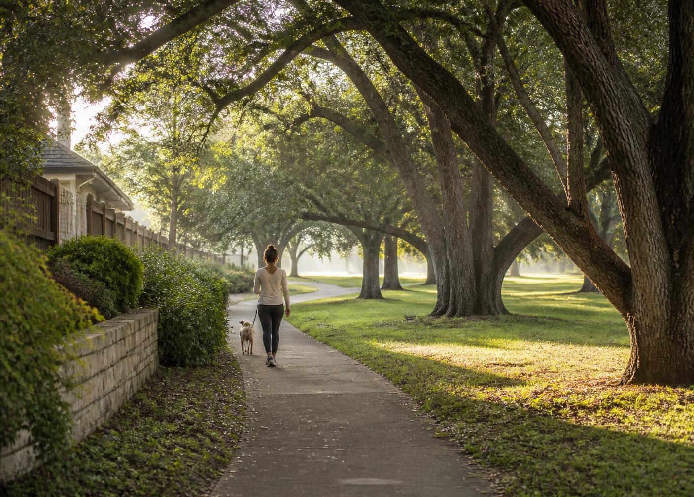 Tree-lined paved walking trail through a suburban park greenbelt in the morning.